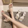 Fashion Rhinestone Solid Color Thin High Heels for Women 2025 New Open Toe Thick with Women Summer Square Head Rhinestone Sandals