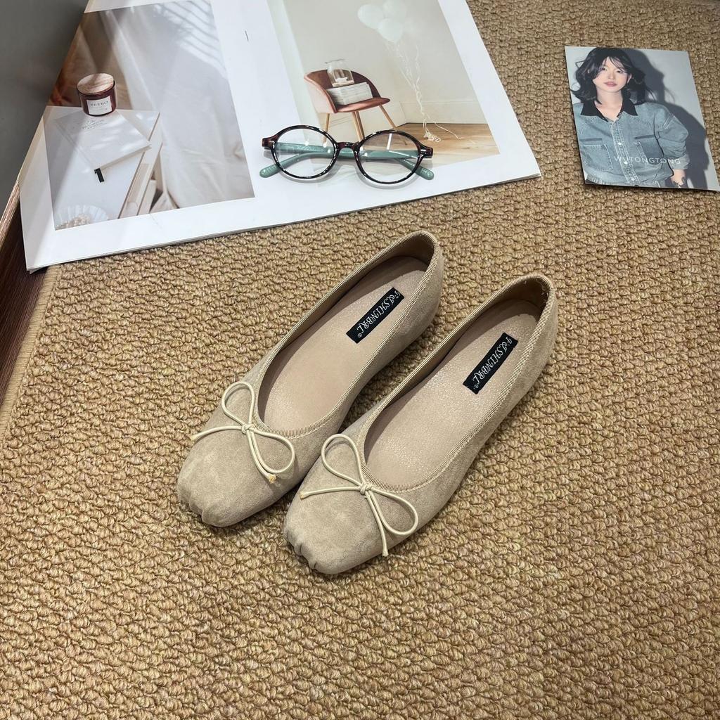 French Inner Heightening Suede Ballet Single Shoes Women's Shoes 2025 New Spring and Autumn Bow Red Evening Shoes