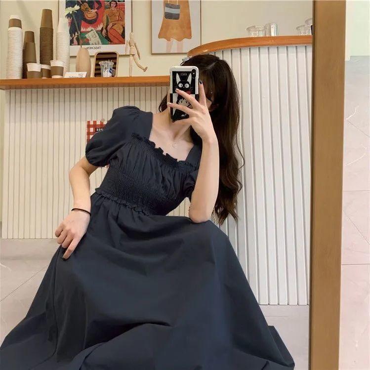 Летние платья Ретро французские платья длиной до колена, с квадратным вырезом и рукавами-пузырьками, с квадратным вырезом и талией