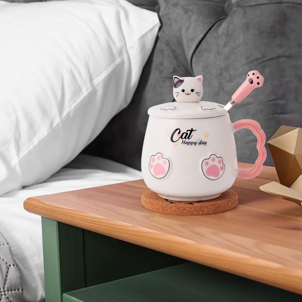 Кружка с крышкой и керамическим котом, кофе, милый кот, подарок на день рождения, ложка, чашка, чашка/кружка, (белый) (белый)