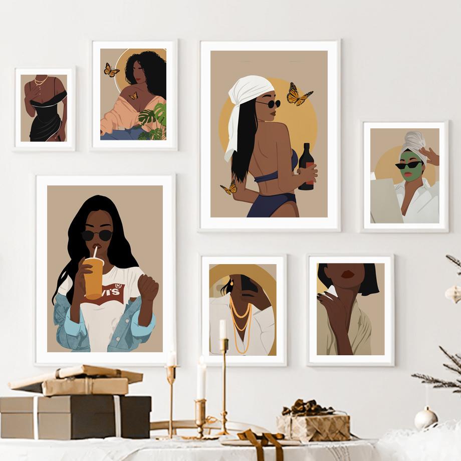 Abstract Butterfly Monstera Black Fashion Girl African Art Nordic PostersCanvas Painting Prints Wall Pictures Living Room Decor