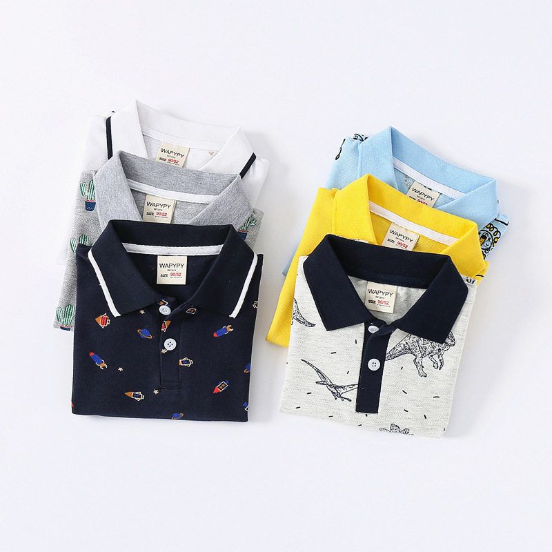 Boys' Half-Sleeve Polo Shirt, Summer Children's Clothing, Kids' Short-Sleeve T-Shirt with All-Over Dinosaur Print, Baby Boy Rocket Shirt