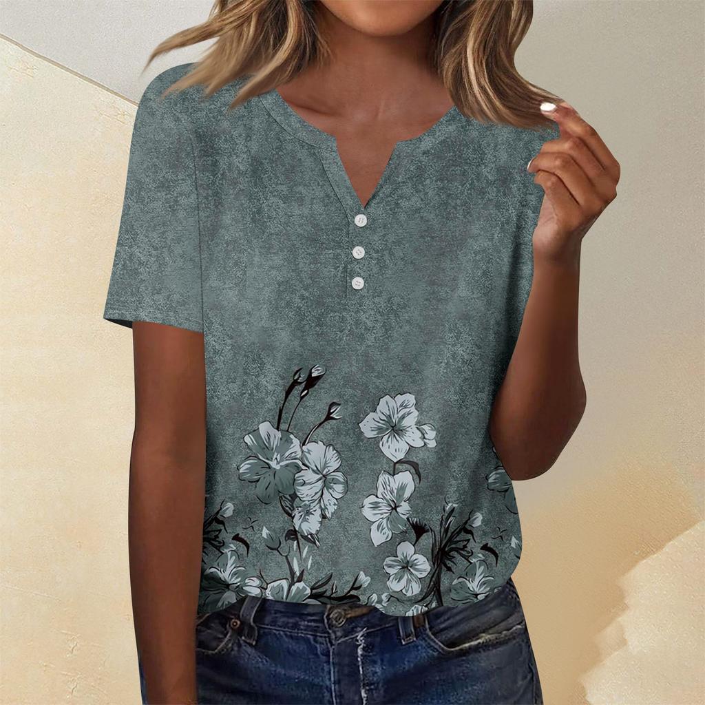 Женская мода повседневный короткий рукав цветочный принт топ