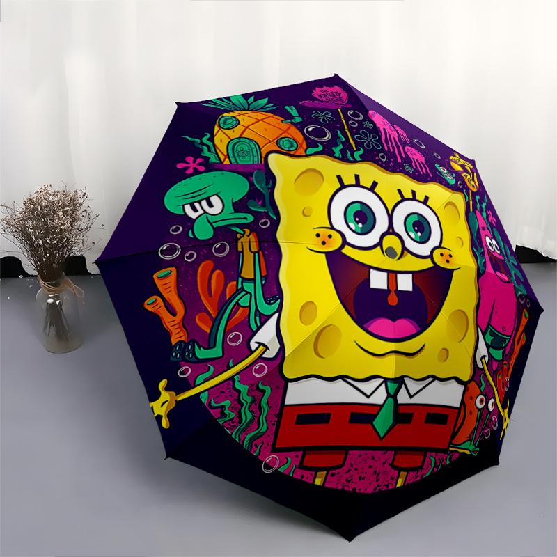 1pc SpongeBob SquarePants Automatic Opening/Closing Umbrella - Portable Tri-Fold Design with 8-Bone Iron Frame - Outdoor - Perfect Gift for Fans,