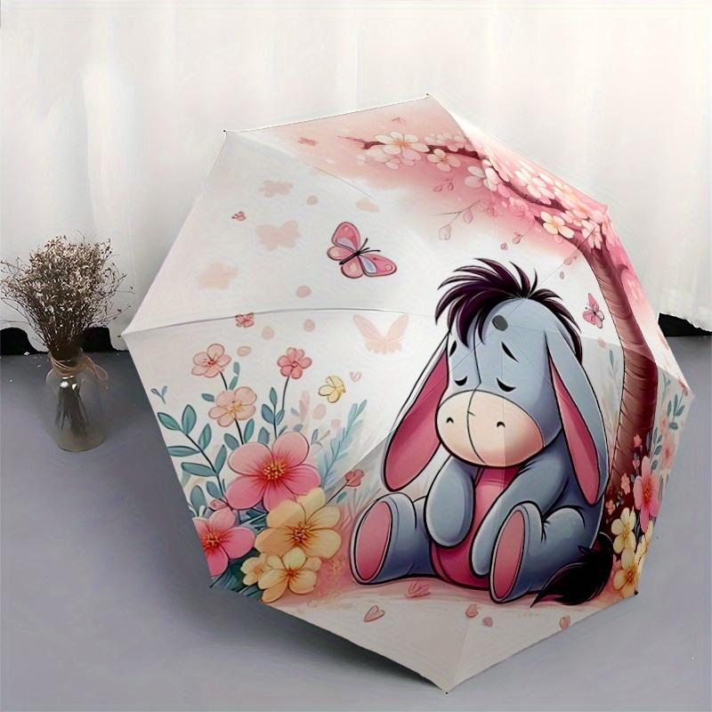 1pc Cherry Blossoms Butterflies Eeyore's Pattern Beautiful Looking Automatic Folding Umbrella, 3 Folding, 8 Iron Frame Design, Durable and S