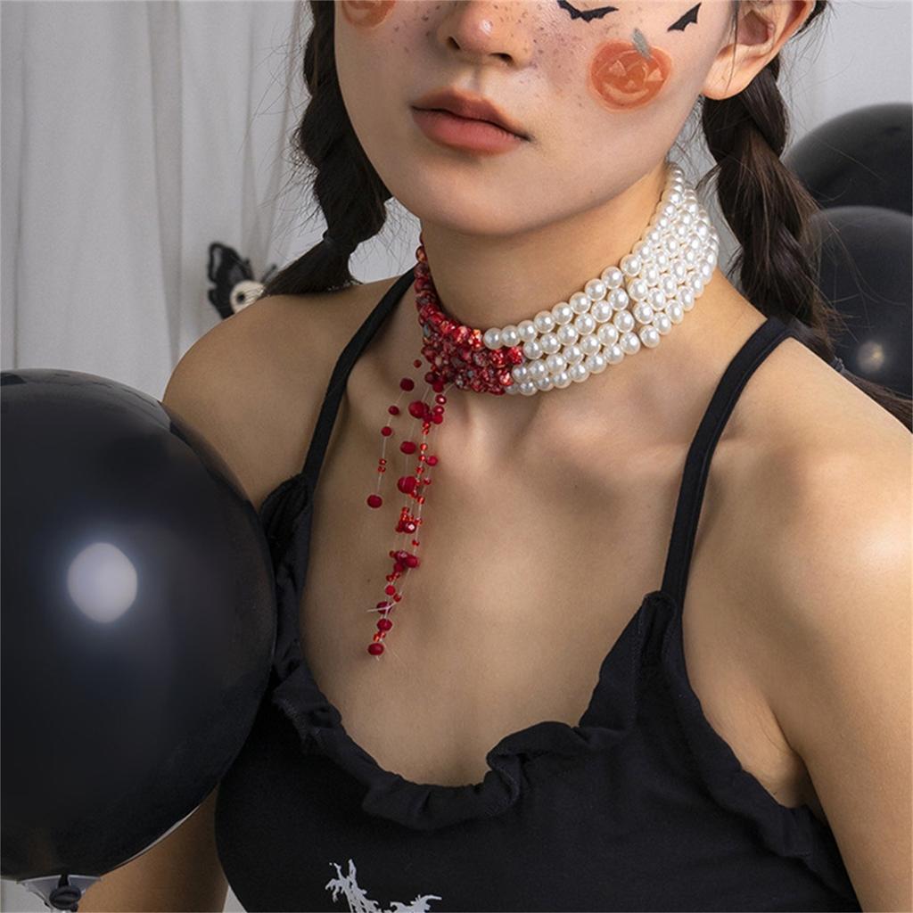 Blood Pearl Necklace, Halloween Gothic Necklace, Pearl Choker Necklace For Women, Dripping Bloody Pearl Necklace Jewelry Halloween Party Costume Gift