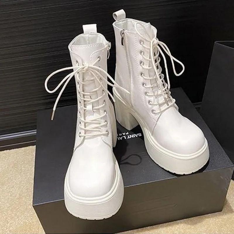 Модные туфли на толстой платформе с блочным высоким каблуком, кожаные ботильоны до щиколотки для женщин, черные, бежевые, мотоциклетные ботильоны, осень-зима 2025