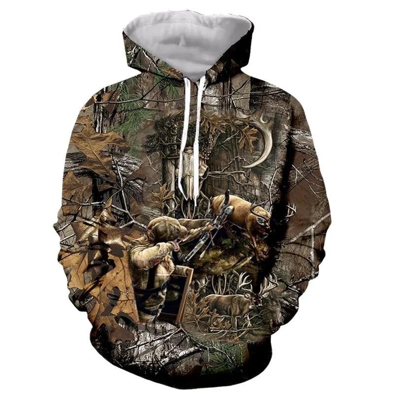 Fashion Men's Hoodies Forest Camouflage Animal Elk Wild Boar Pattern Spring And Autumn Style Street Trend Casual Loose Oversized