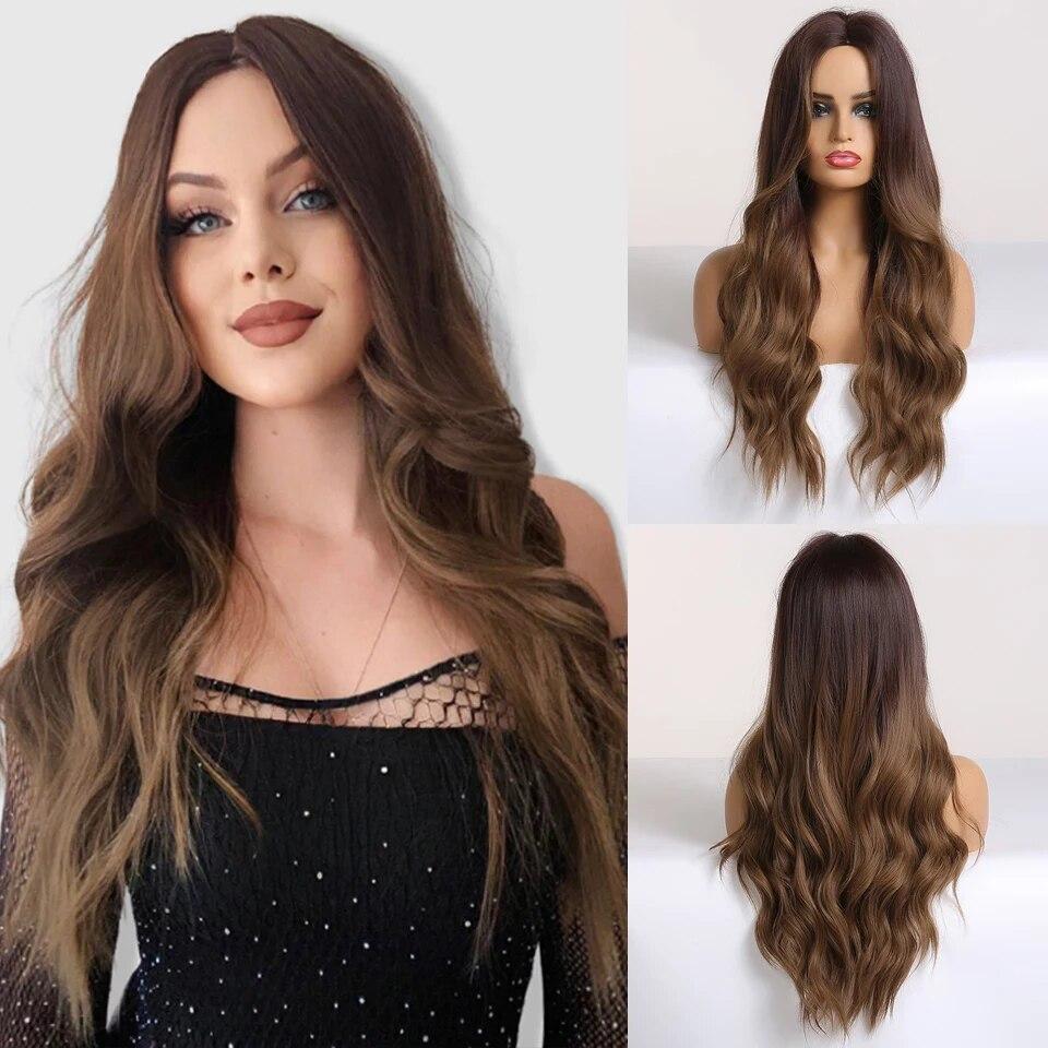 Длинные коричневые синтетические парики с эффектом омбре для женщин, волнистые парики из натуральных волос, средняя часть, женский парик, косплей, термостойкие волокна, парики