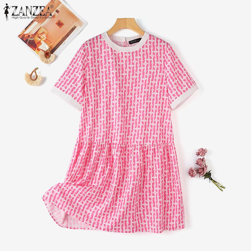 ZANZEA Женское повседневное платье с коротким рукавом и круглым вырезом с принтом