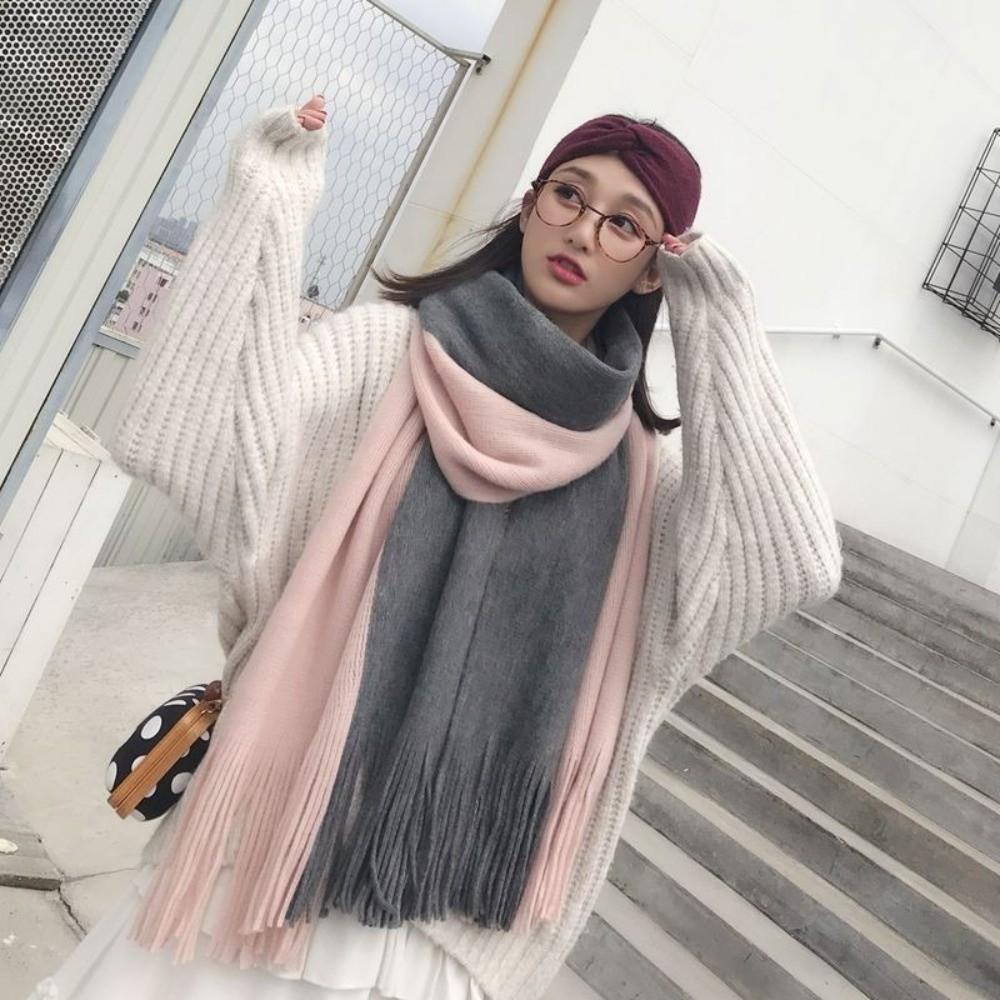 Korean Style Long Wool Tassel Scarf Thickened Winter Neckerchief Women Cashmere Scarf Women/Male