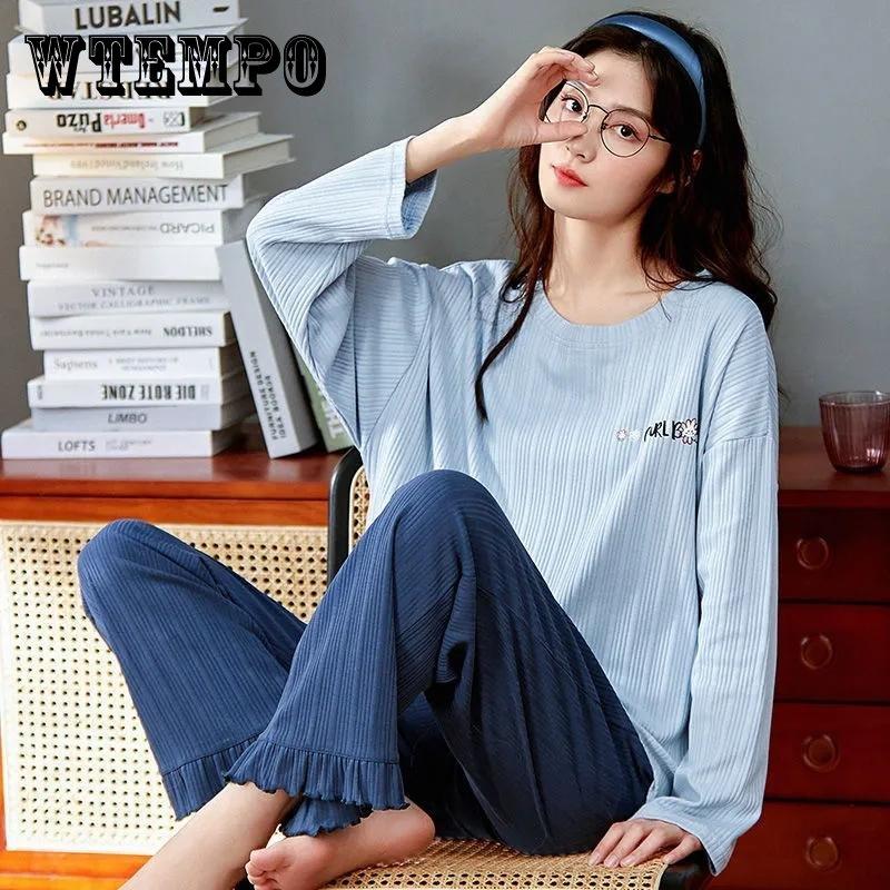 Женские пижамные комплекты с длинными рукавами, хлопковая одежда для сна, весенне-осенний пуловер, ночная рубашка больших размеров, зимняя повседневная простая домашняя одежда, милый пижамный костюм с героями мультфильмов