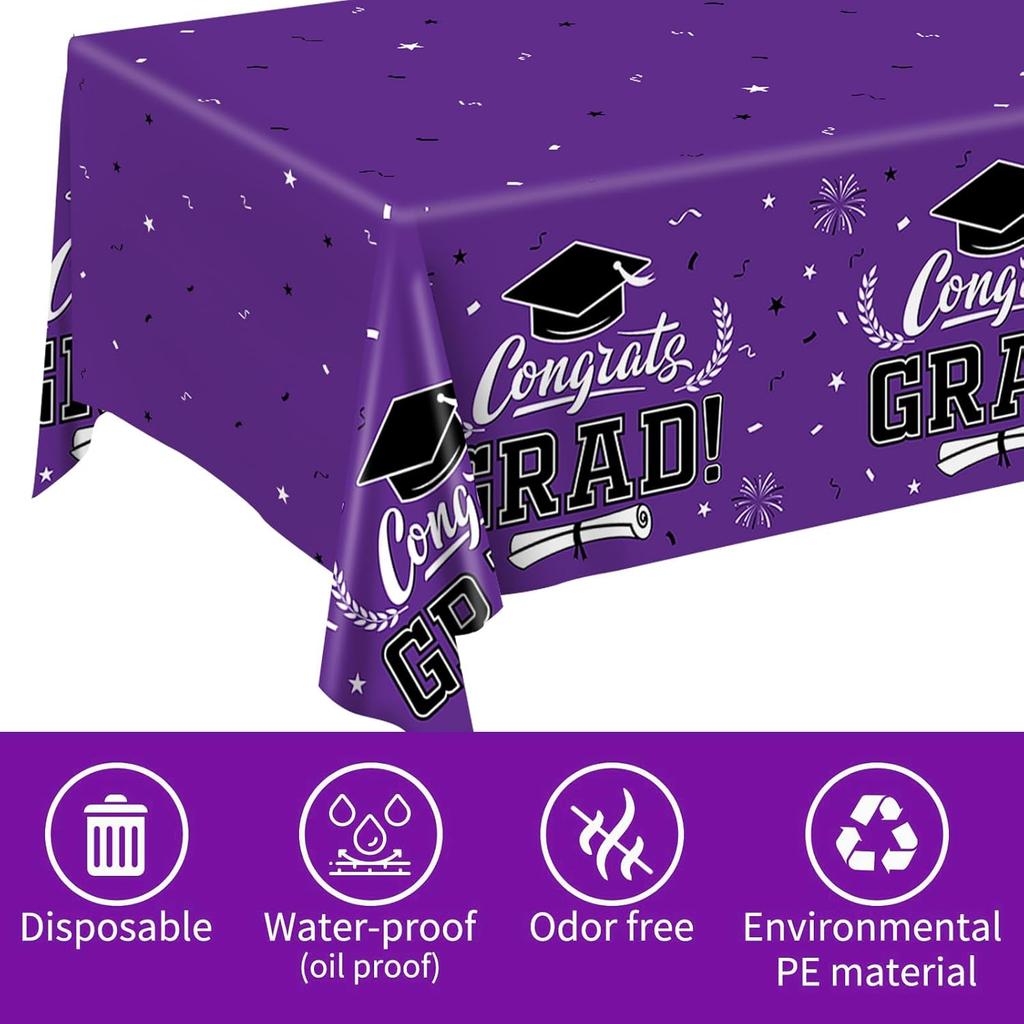 Staraise 2025 Graduation Party Table Decorations 3PCS Purple Graduation Tablecloths,Waterproof Plastic Rectangular Disposable Table Cover for