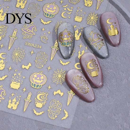 Holiday Nail Stickers Halloween 3D Art Stickers, Metallic Golden Pumpkin Ghost Spider Web DIY Supplies Witch Hat Decals, Self-Adhesive Manicure