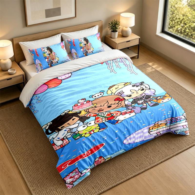 Soft Bedding Set Toca Boca Pattern, 1 Duvet Cover plus 2 Pillowcases Stylish Bedroom Home Textile