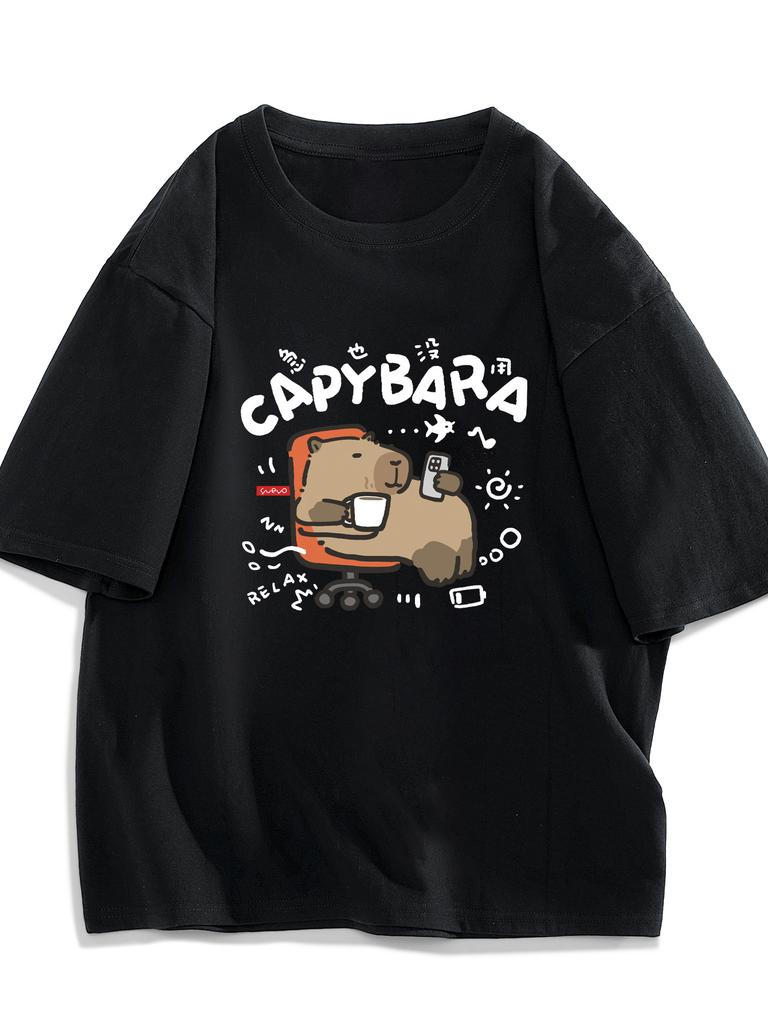 Capybara Cartoon Pattern Printed T-shirt Men Women Casual Loose Short Sleeved Cute Tops Summer Street Men's Tees Unisex T Shirts