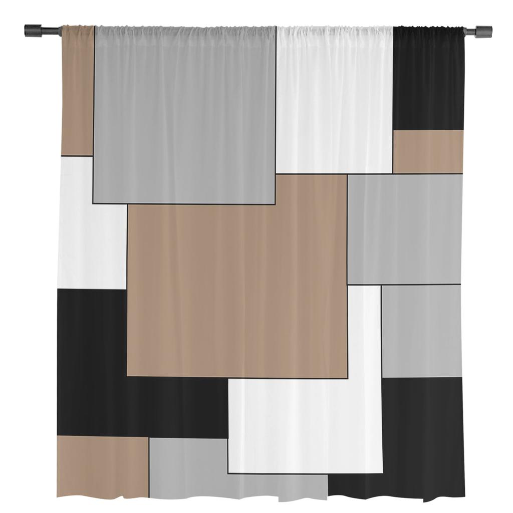 Brown Grey Patchwork Abstract Art Sheer Curtains for Living Room Decoration Window Curtains Kitchen Tulle Voile Organza Curtains