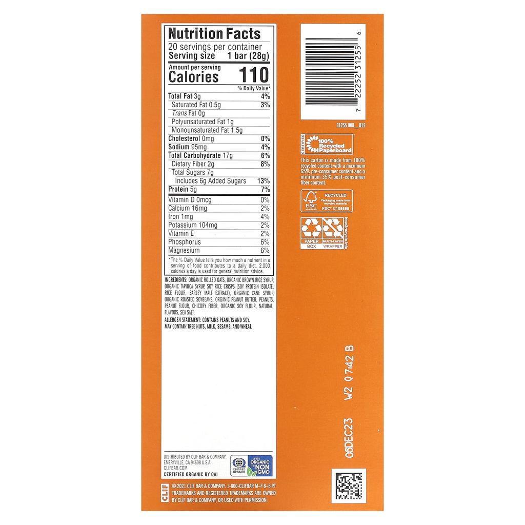 Clif Bar Minis, Snack Size Energy Bar, Crunchy Peanut Butter, 20 Bars, 0.99 Oz (28 G) Each