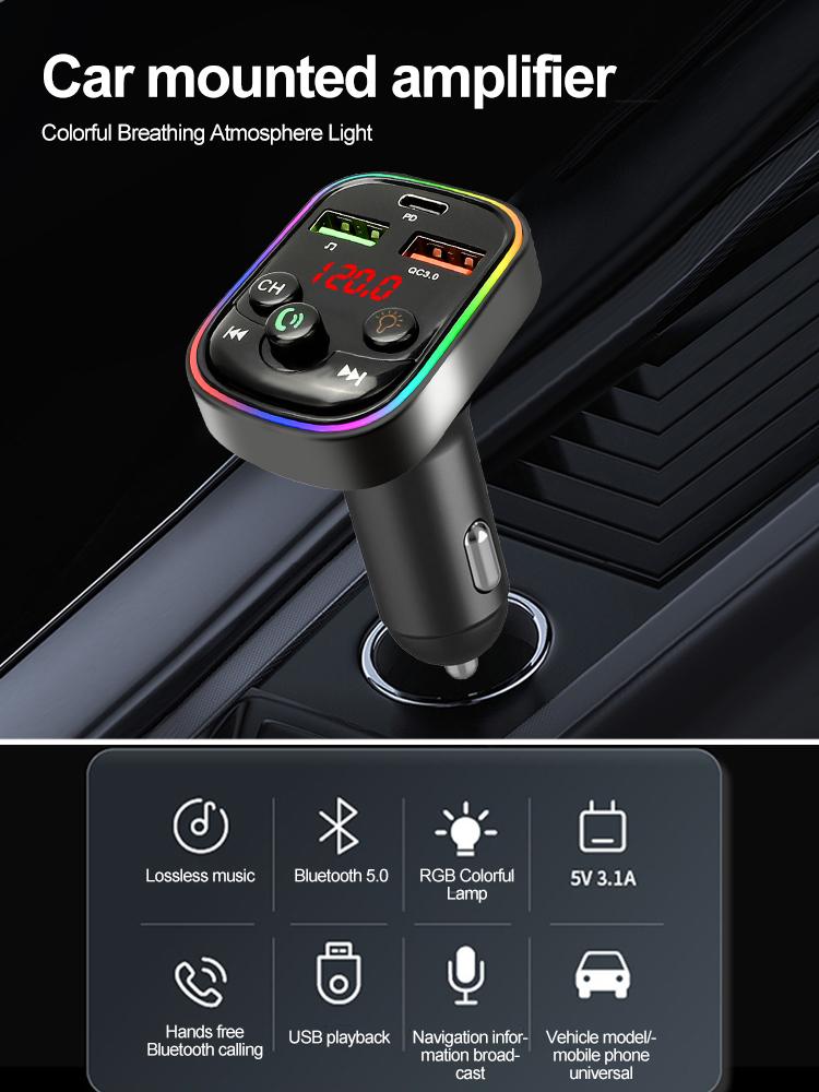 Новый Bluetooth FM-трансмиттер 2024 года Type-C 3.1A USB Быстрая зарядка Звонки в режиме громкой связи Беспроводной автомобильный комплект FM-модулятор Автомобильный MP3-плеер