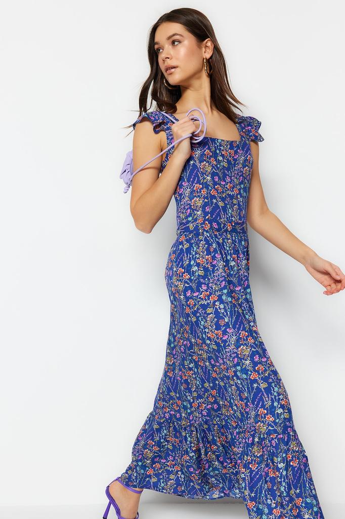 Женское платье, новый сезон, модное синее тканое платье трапециевидной формы с квадратным воротником и цветочным узором из вискозы миди