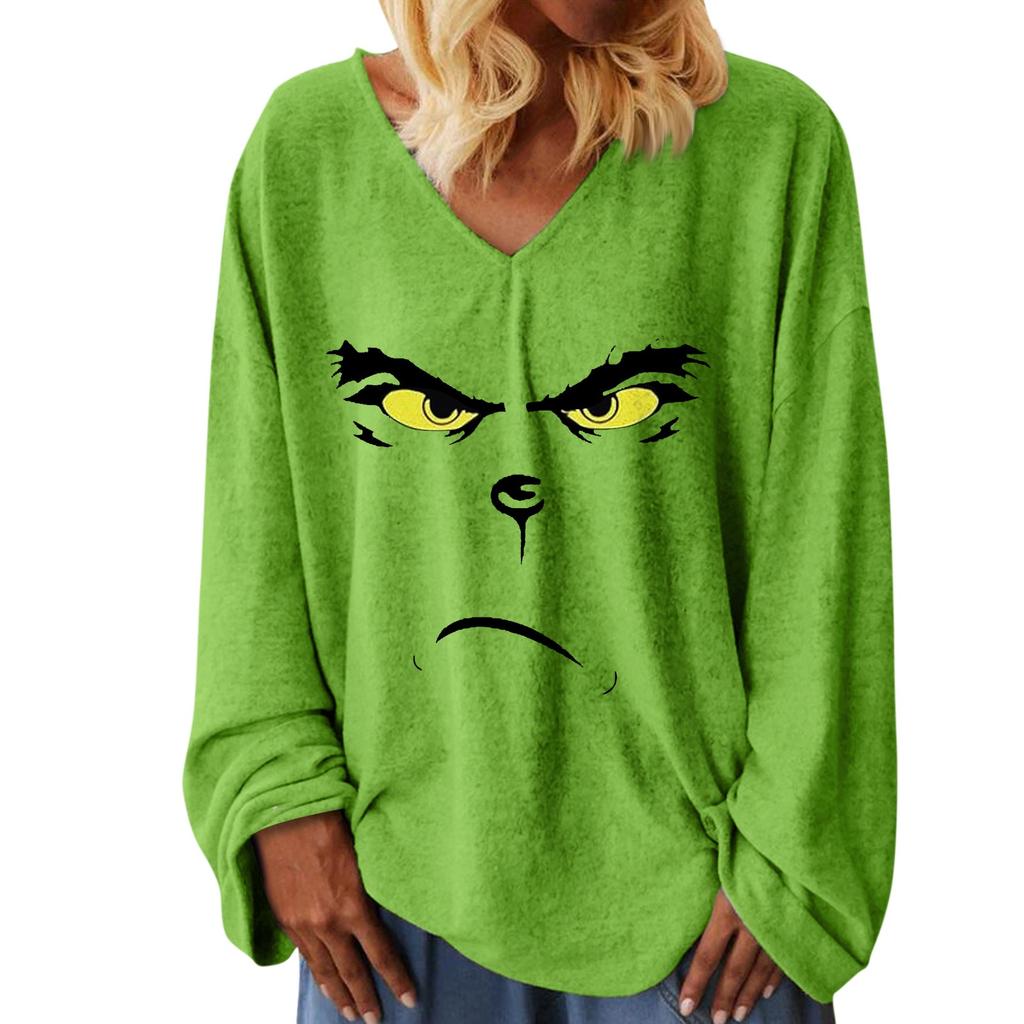 Женская свободная футболка с v-образным вырезом и рождественским принтом, длинными рукавами, топы с прямыми рукавами для женщин