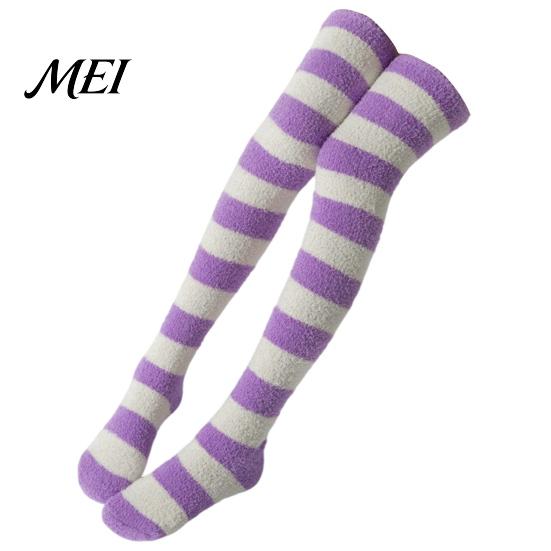 Casual Home Wear Socks Striped Plush for Women, Coral Fleece Winter Thermal Socks, Soft Thickened Knee High Stockings, Warm Sleeping And Cold Weather