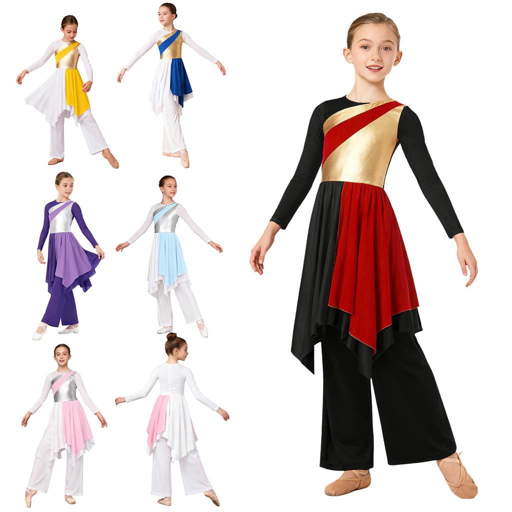 Asymmetrical Hem Metallic Dress & Wide-Leg Pants Set for Girls: Long Sleeve Praise Dance Outfit with Elastic Waistband