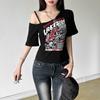 Готическая футболка Y2k Letter Print Off Shoulder Punk Футболки женские Harajuku Летняя уличная одежда Гранж Футболка Эстетичные сексуальные укороченные топы