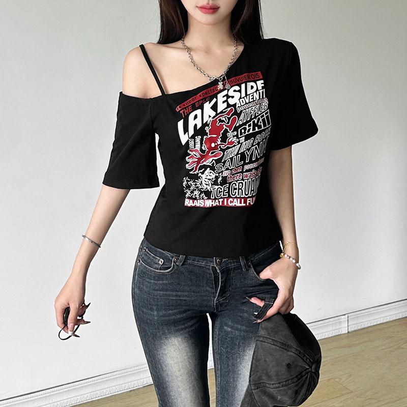 Готическая футболка Y2k Letter Print Off Shoulder Punk Футболки женские Harajuku Летняя уличная одежда Гранж Футболка Эстетичные сексуальные укороченные топы