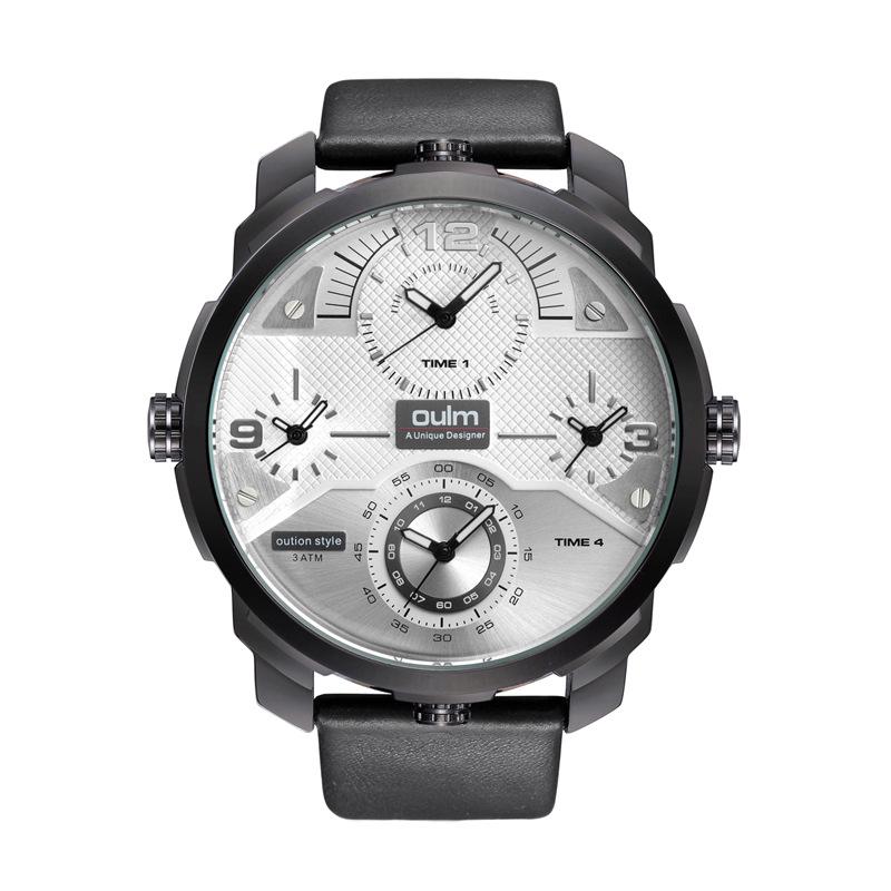 Oulm Новые мужские часы с большим циферблатом, с несколькими часовыми поясами и несколькими механизмами, водонепроницаемые кварцевые часы, часы из натуральной кожи
