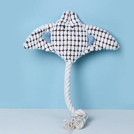 Plush Manta Ray Dog Chew Toy with Cotton Rope Squeaky Stuffed Sea Animal Plushie Boredom Reduction Dog Teething Interactive Toy