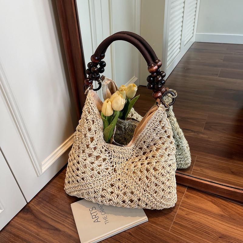 Woven Tote Bag For Women Summer Beach Fashion Large Capacity With Color Blocked Bead Decoration