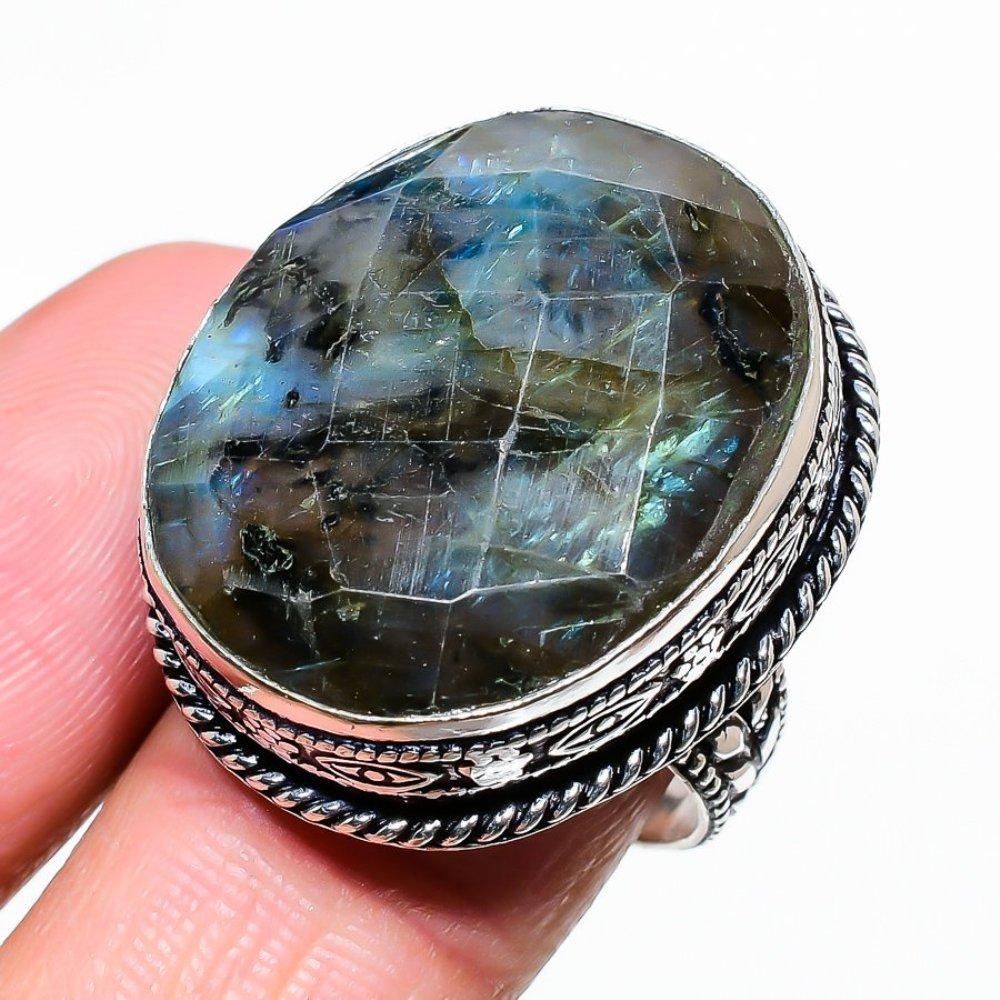 Лабрадорит Ручная работа Серебро 925 пробы Ювелирное кольцо Размер 8 M6T82
