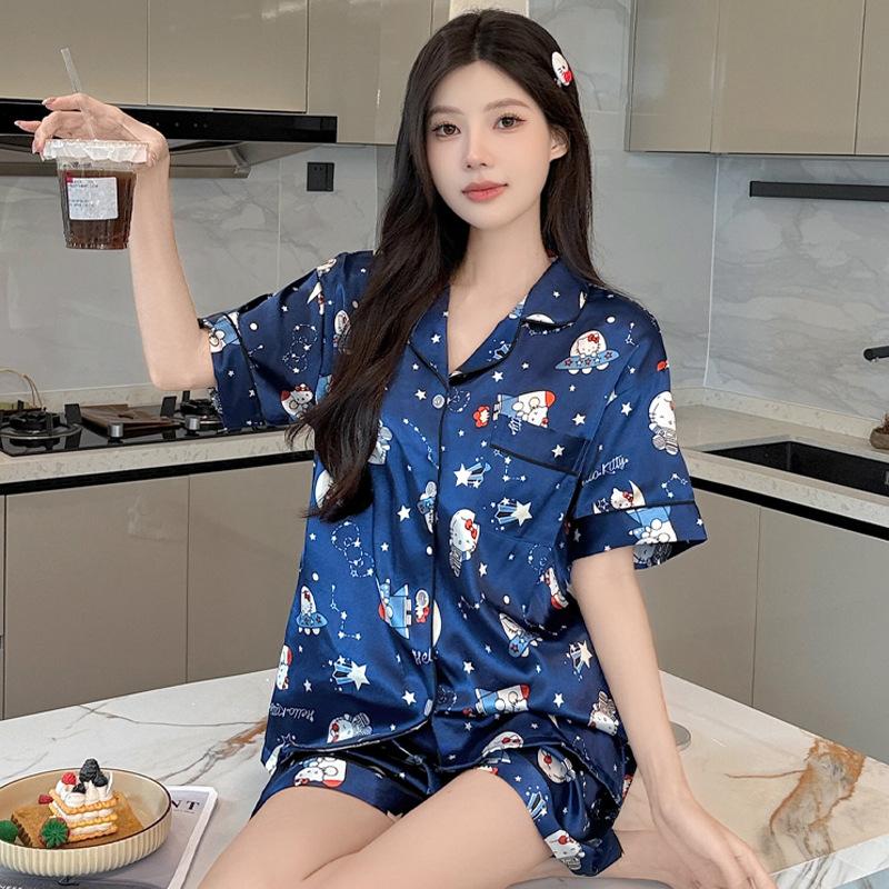 "Путешествие в космос" Милый пижамный комплект с котенком для женщин, летний, из прохладного ледяного шелка, с коротким рукавом