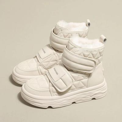 Белые меховые ботинки Женские утепленные хлопковые туфли Ботинки с высоким верхом Зимняя обувь Круглый носок Для улицы Толстая подошва Теплый мех Женские ботинки