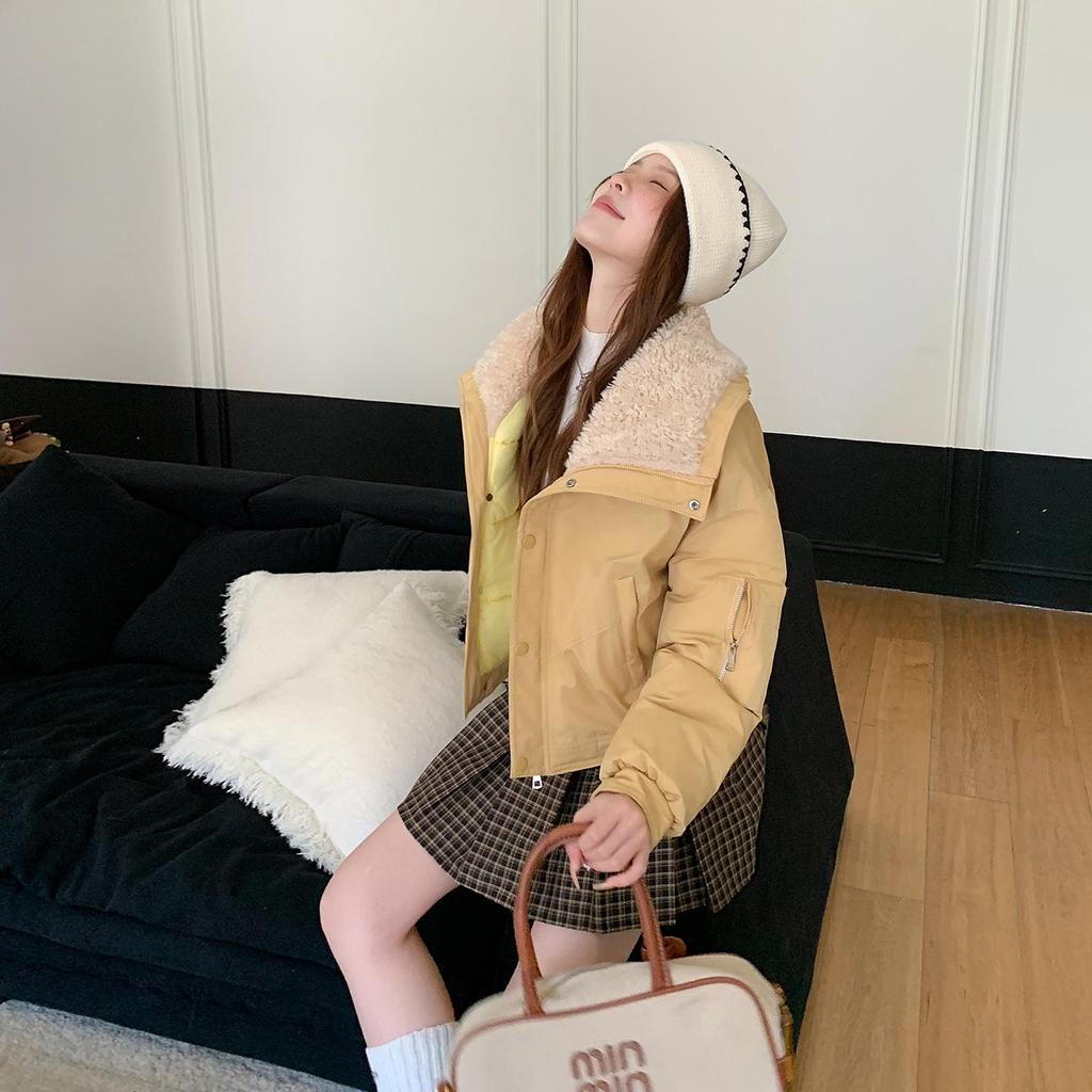 Осень Зима Утолщенная Теплая Парка Женская Повседневная Милая Однотонная Большой Карман Свободные Куртки Верхняя Одежда