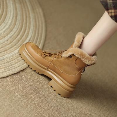Мода 2025 Новые Популярные Женские Ботильоны на Шнуровке Крест-накрест Зимние Теплые Шерстяные Снежные Ботинки Натуральная Кожа Толстый Каблук Повседневная Уличная Обувь Женская