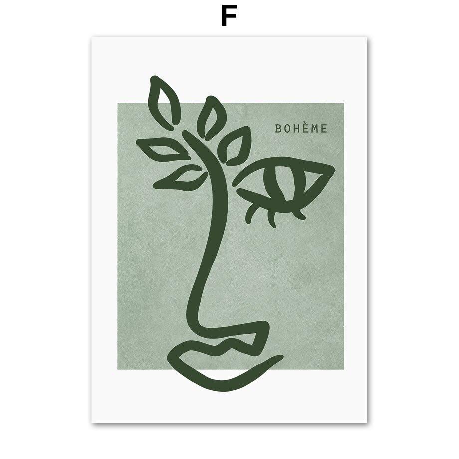 Зеленая абстрактная линия, арочные листья, картина для лица девушки, холст, постеры на скандинавскую тему и принты, настенные панно для декора гостиной