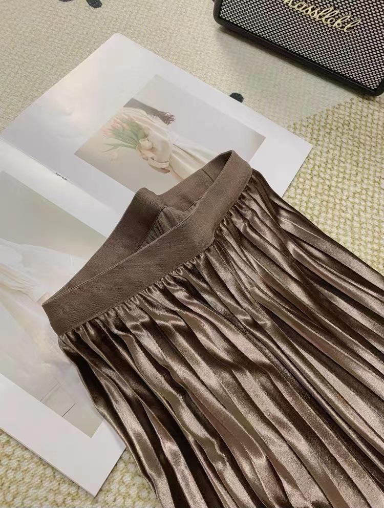 Women's High-Waisted Gold Velvet Pleated A-Line Long Skirt