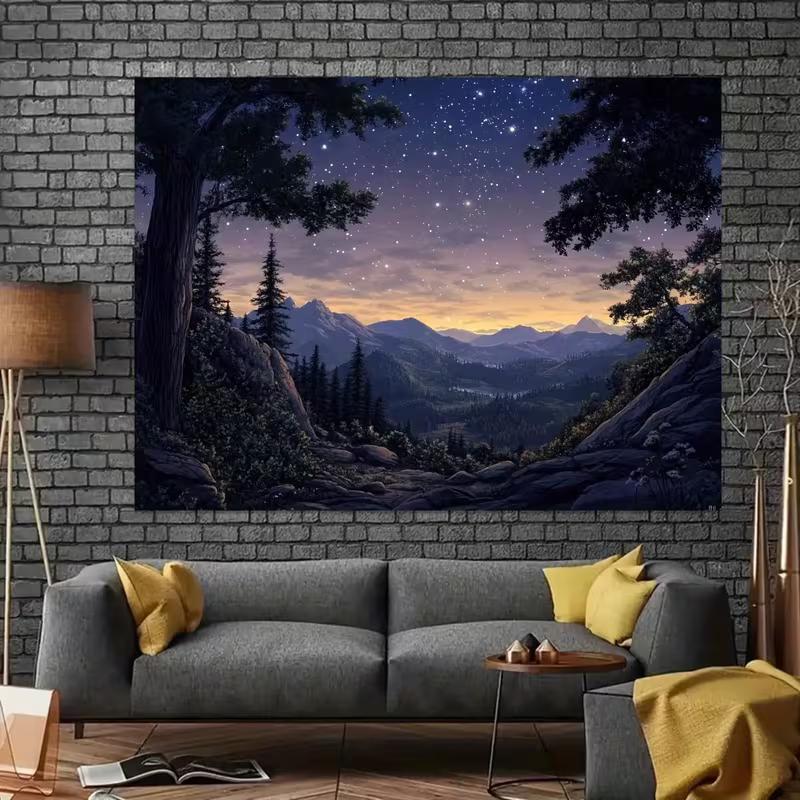 2D Night Mountain Tapestry Starry Sky Forest Sunset Scenery Wall Art