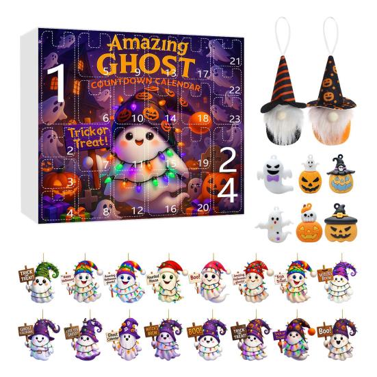 Хэллоуин Адвент-календарь 2025 24-дневный календарь обратного отсчета с акриловыми украшениями в виде призрака/гнома/тыквы для помещения