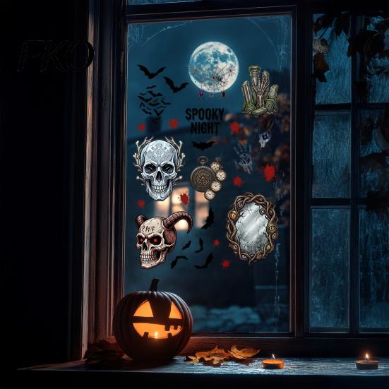 Halloween Stickers Electrostatic Glass Stickers, Skull Demon Blood Handprints Bats Scary Window Pattern Cling Clings, Spooky for Doors