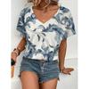 Летняя новинка Прохладная и удобная футболка с V-образным вырезом Женский элегантный топ с цветочным принтом Повседневная простая футболка с коротким рукавом