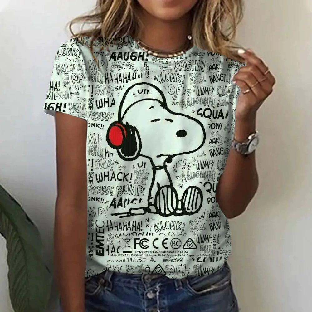Женская футболка 2026 с рисунком Snoopy, 3D цифровая печать, женская мода, короткий рукав, повседневная, для женщин