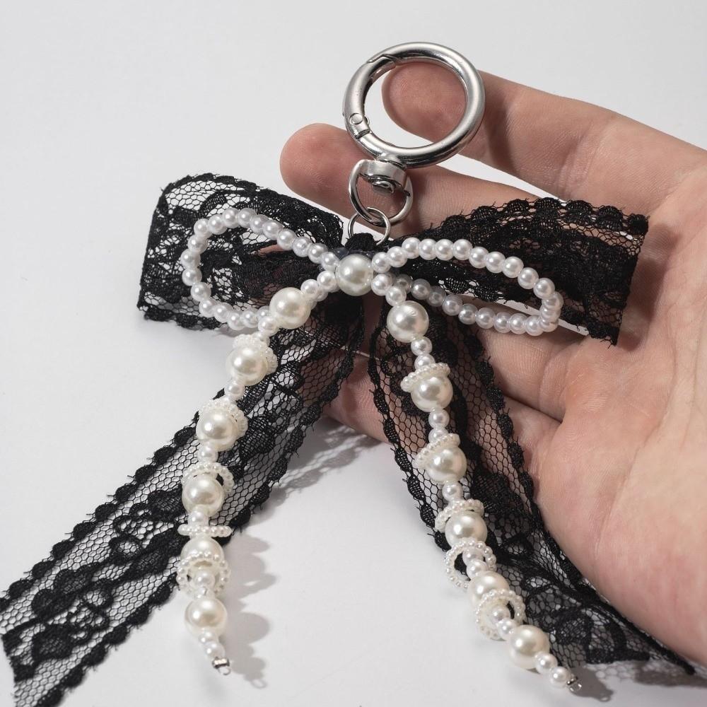 Pearl Beaded Bow Ribbon Keychain Sweet Style Phone Chain Cute Lace Bow Keychain Bag Decoration