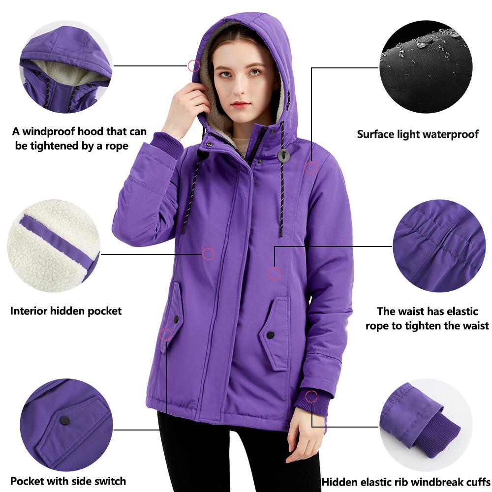 Women Hooded Collar Long Sleeve Solid Color Zipper Lamb Velvet Thickened Warm Parka S-5XL