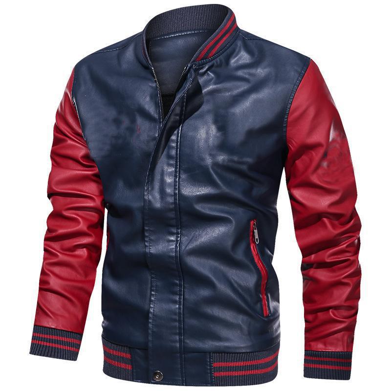 Autumn and Winter Men's Color-inserted PU Leather Jacket Men's Light Version Can Be Printed Casual Stand-up Collar Jacket for Men