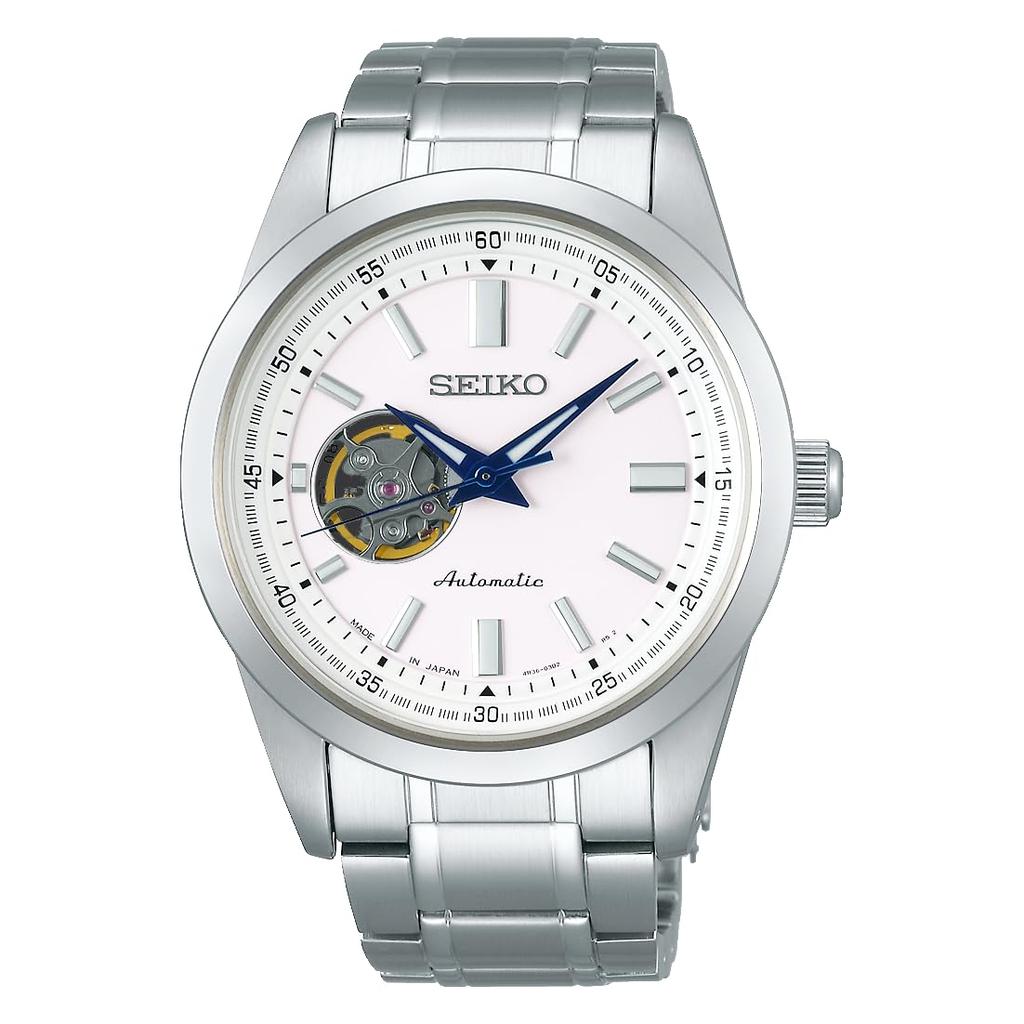 Seiko Watch SCVE049 Silver Seiko Selection Mechanical Automatic Manual Open Heart Water Resistance To 10 for Daily Use Men's Watch, (with Winding),