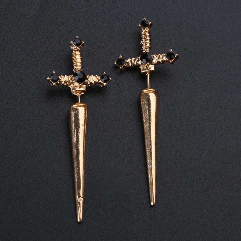 Novel Punk Multicolor Crystal Dagger- Earrings Metal Sword- Handle Studs Earrings for Women Girls Halloween Jewelry Gift