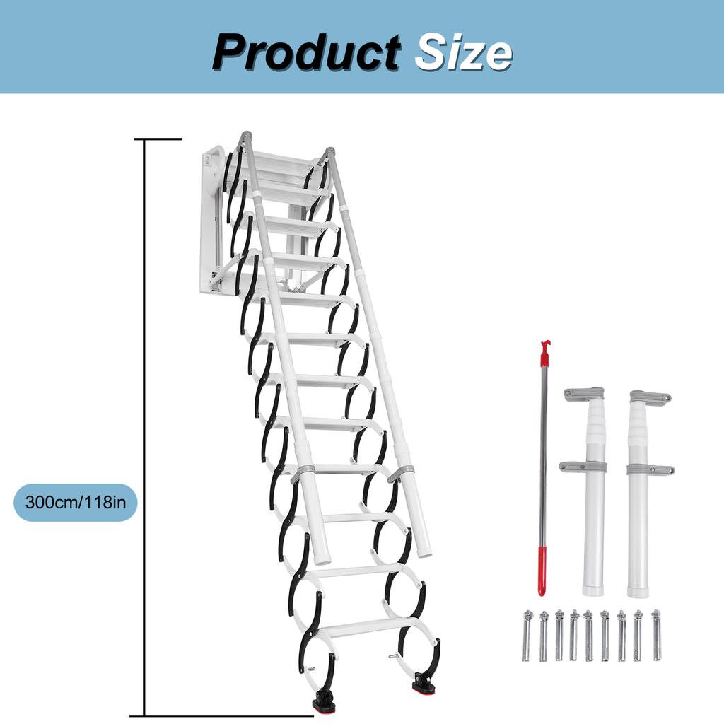 Wall-Mounted Telescopic Stairs W/ Handrails Folding Attic Stairs Retractable Loft Ladder for Indoor Outdoor/Storehouse/Basement